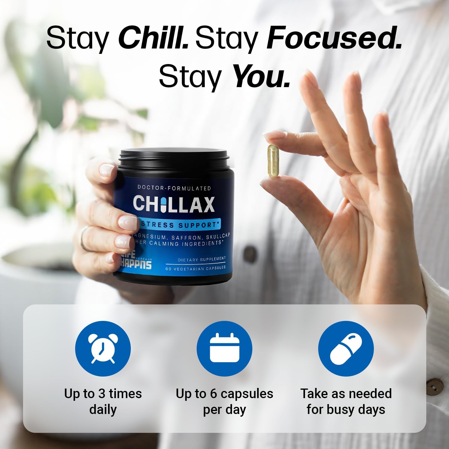 Life Happns Chillax, Calm Support Supplement, L Theanine, Magnesium, GABA and Saffron Supplements for Relaxation, Natural Mood Health Support for Adults, Calming and Relaxing, 60 Capsules