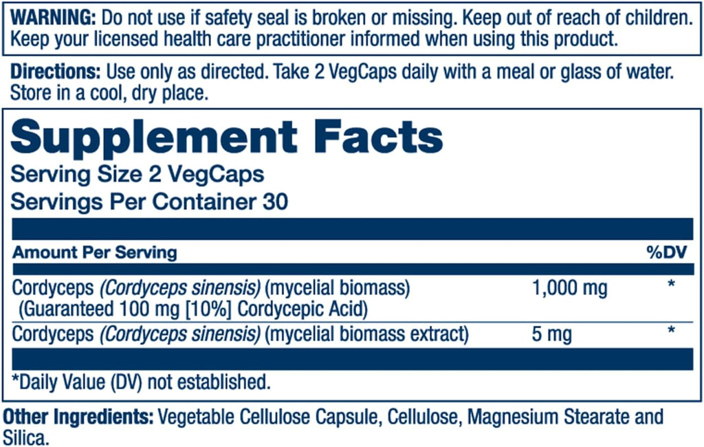SOLARAY Fermented Cordyceps Mushroom 1000 mg - Healthy Energy Support - Fermented for Enhanced Absorption - Vegan, Non-GMO, Lab Verified - 30 Servings, 60 VegCaps