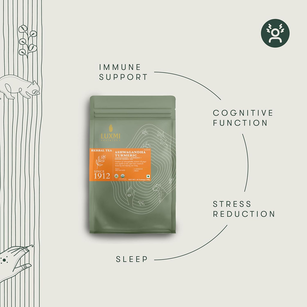 Luxmi Estates Astounding Ashwagandha Tea, 50 Tea Bags, with Ashwagandha, Turmeric, Ginger, Lemongrass & More, for Stress Relief, Calming, and Relaxing