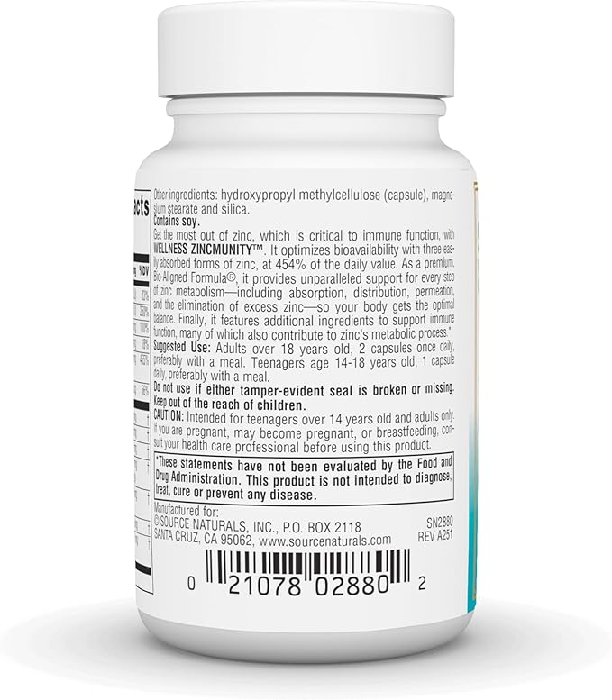 Source Naturals Wellness ZincMunity, Supports Zinc Absorption, Metabolism and Utilization for Immune Health*, 50 mg Zinc - 30 Vegetarian Capsules