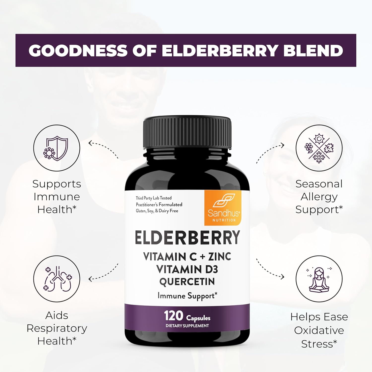 Sandhu's Elderberry Vitamin C Vitamin D3 with Zinc & Quercetin | Capsules for Men & Women | Supports Immune Health | 120 Count (Pack of 3)