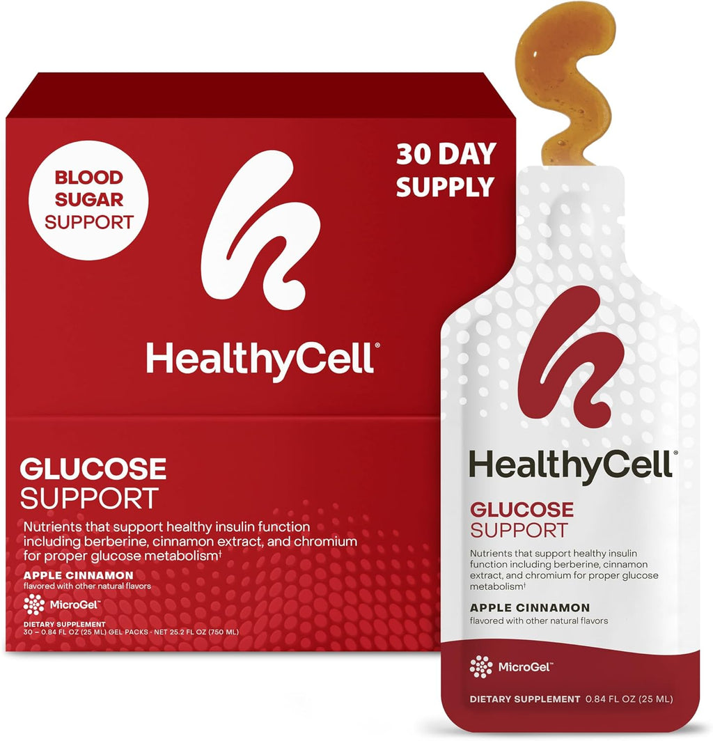 HealthyCell Glucose Support Supplement to Support Balanced Blood Sugar - Berberine, Cinnamon & Chromium for Healthy Insulin Function & Proper Glucose Metabolism - 30 Gel Packs, Apple Cinnamon Flavored