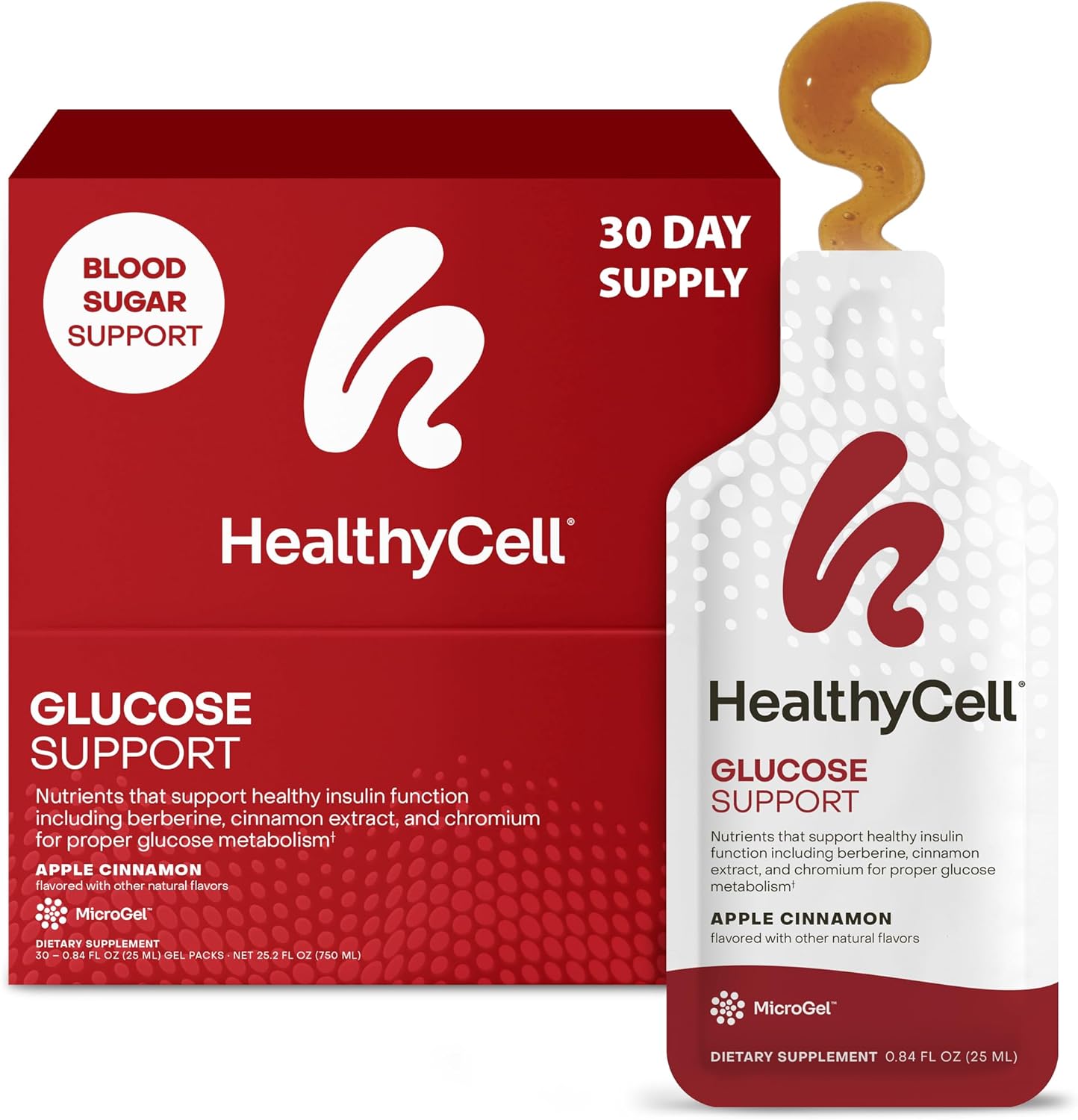 HealthyCell Glucose Support Supplement to Support Balanced Blood Sugar - Berberine, Cinnamon & Chromium for Healthy Insulin Function & Proper Glucose Metabolism - 30 Gel Packs, Apple Cinnamon Flavored