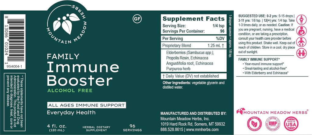Mountain Meadow Herbs Family Immune Booster Extract with Sambucus Elderberry and Echinacea | Optimal Immune Support for The Whole Family | Tincture, 4 oz