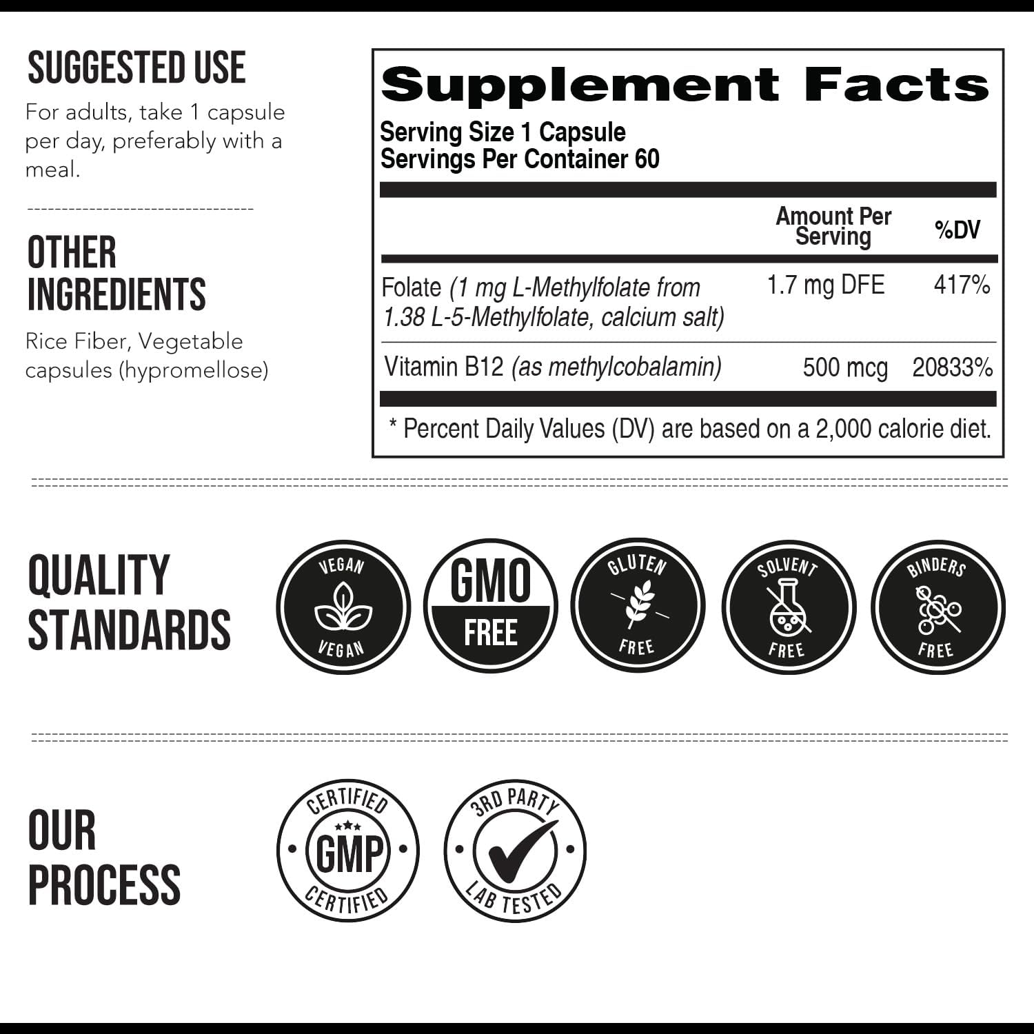 L Methyl Folate 1000 mcg Plus Methyl B12 Cofactor – Active 5-MTHF Form - Supports Mood, Methylation, Cognition – Highly Bioavailable Bioactive Forms of Vitamin B9 & B12 (60 Capsules – 60 Servings)