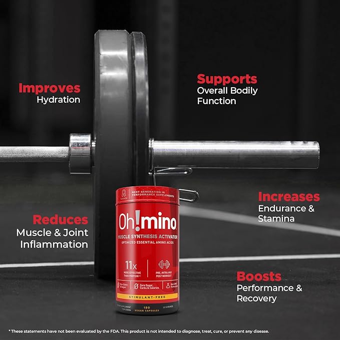 Oh!mino Essential Amino Acids Supplement, Stimulant-Free Capsules, All 9 EAAs, BCAAs, The Perfect Amino for Workouts, Amino Energy, and to Build Muscle, and Recover Faster