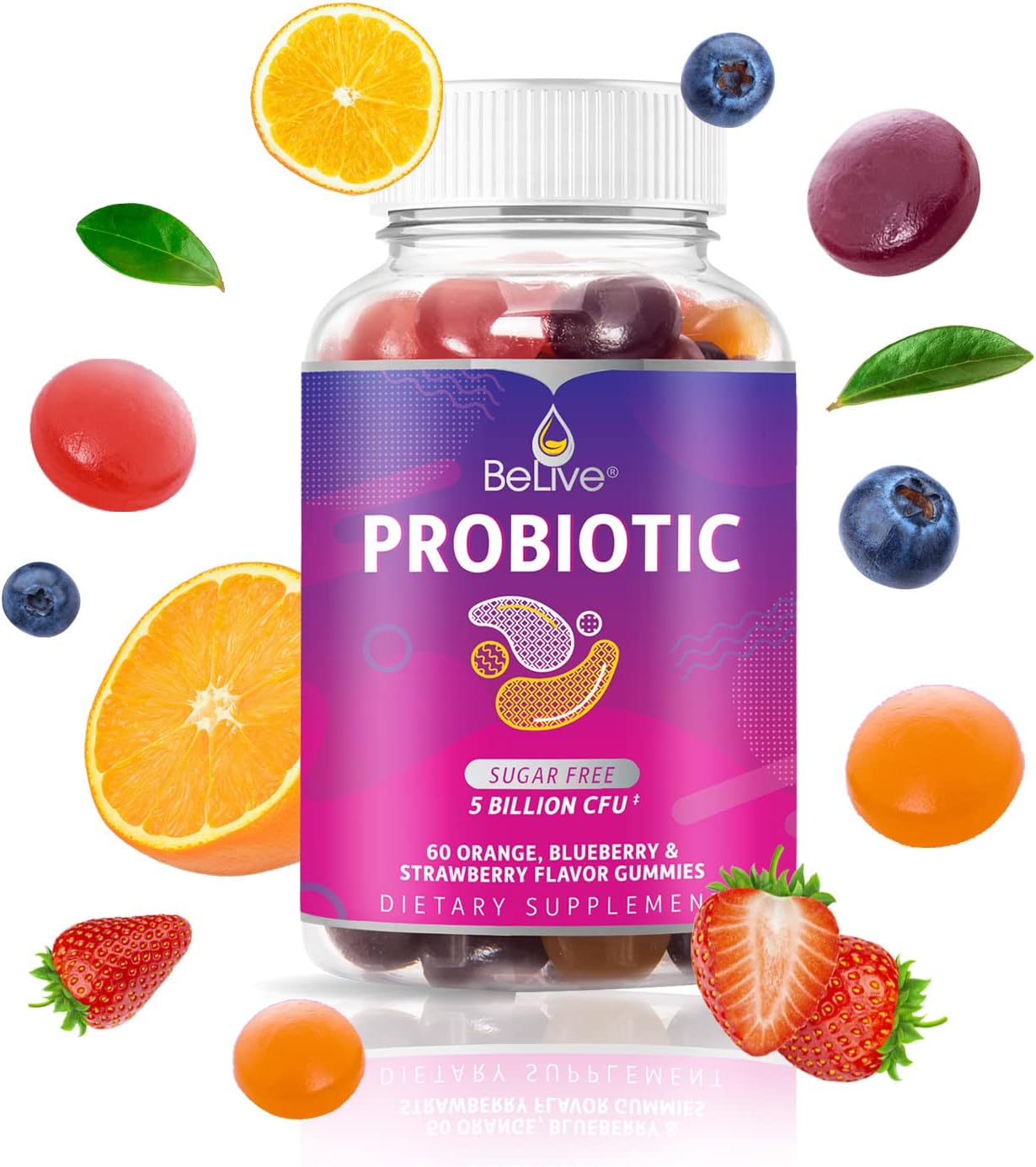 BeLive Probiotic Gummies - Probiotics with 5 Billion CFUs for Digestive Health, Men, Women & Kids Probiotic Supplements for Immune Support, Sugar Free & Vegan – Blueberry, Strawberry & Orange | 2-Pack