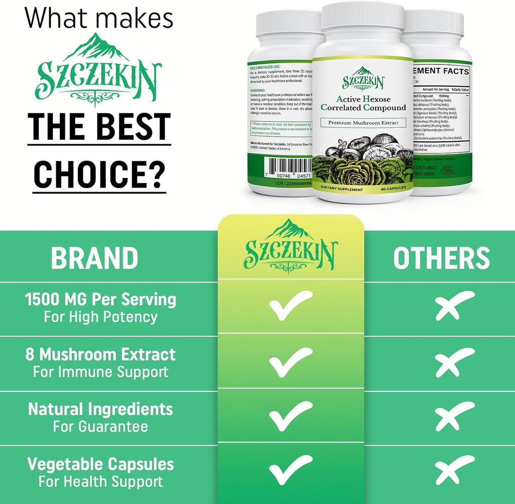 Active Hexose Correlated Compound 1500 mg Supplement, Natural 8 Mushroom Extract Supplement, Immune System, Liver Function, Natural Killer and T Cells Activity, 720 Veggie Capsules