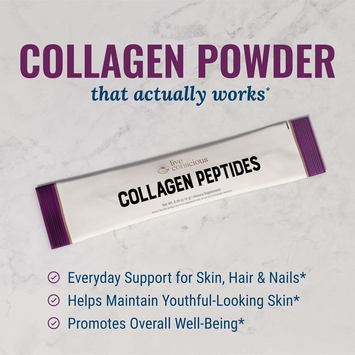 Live Conscious Collagen Peptides Powder Unflavored Packets - Hydrolyzed Collagen Powder - Hair, Skin, Nail, & Joint Support - Type I & III Grass-Fed Collagen Supplements for Women and Men - Pack of 20