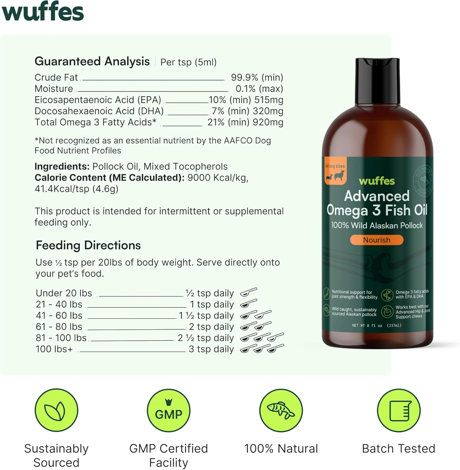 Wuffes Advanced Omega 3 Fish Oil for Dogs, Natural EPA & DHA Fatty Acids, Supports Healthy Skin and Coat, Joint Nutrition, Digestion & Immune System - 100% Pure Wild Alaskan Fish Oil - 8 Oz