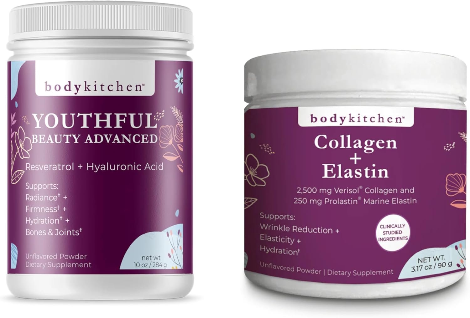 Body Kitchen Youthful Beauty & Collagen + Elastin Bundle – Advanced Anti-Aging Support for Skin Hydration, Elasticity & Firmness – Promotes Healthy Hair, Skin & Nails – Unflavored Collagen Powders