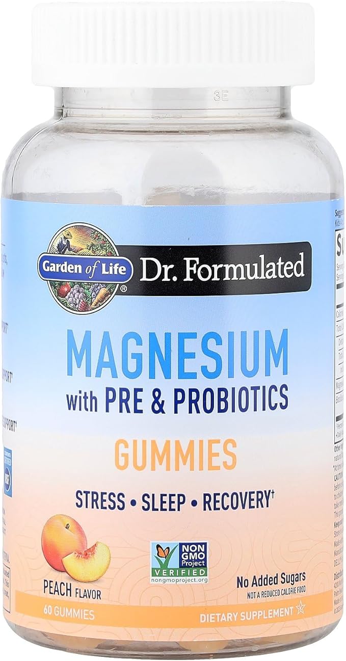 Garden of Life Magnesium Citrate Supplement Gummies with Prebiotics & Probiotics for Stress, Sleep & Recovery - Vegan, Gluten Free, Kosher, Non-GMO, No Added Sugars, Peach Flavor, 60 Count