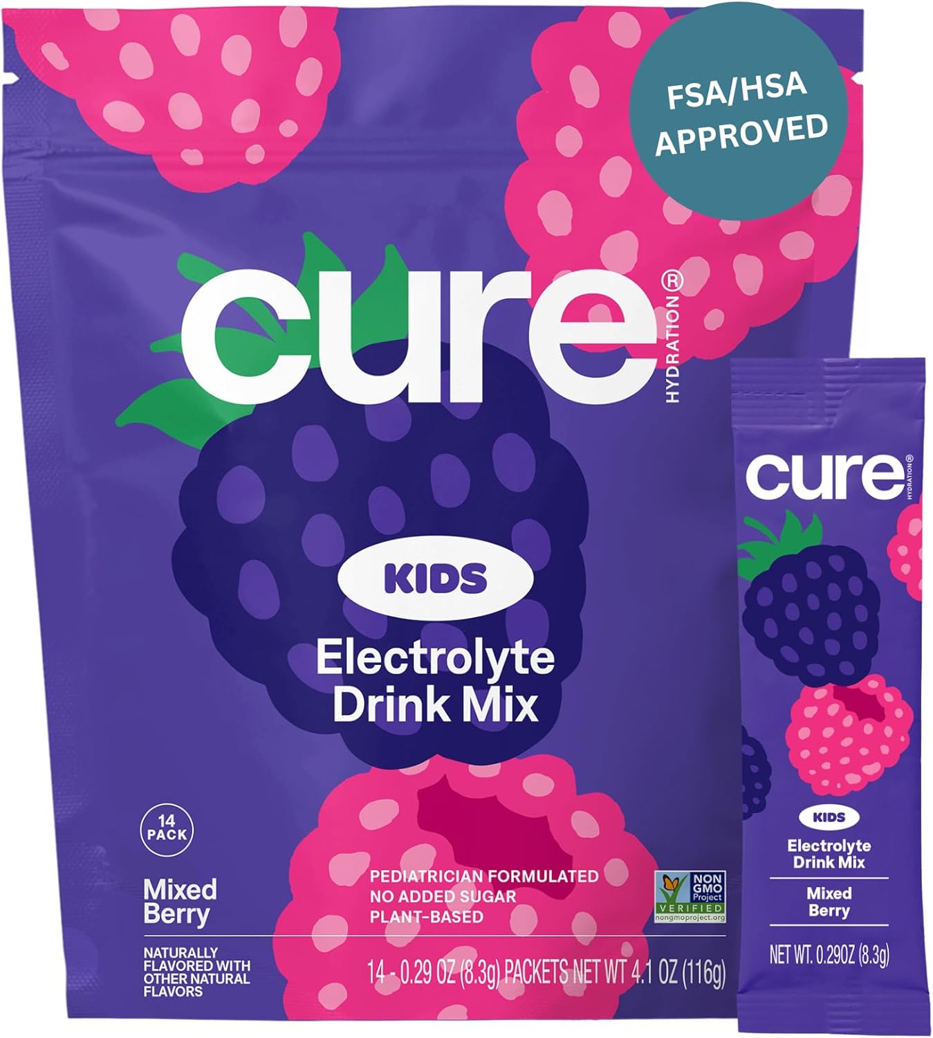 Cure Hydration - Kids Electrolyte Drink Mix | Plant-Based Pediatrician Formulated Rehydration | No Added Sugar, FSA-HSA, Non-GMO, Gluten-Free, No Artificial Flavors | 14 Packets - Mixed Berry