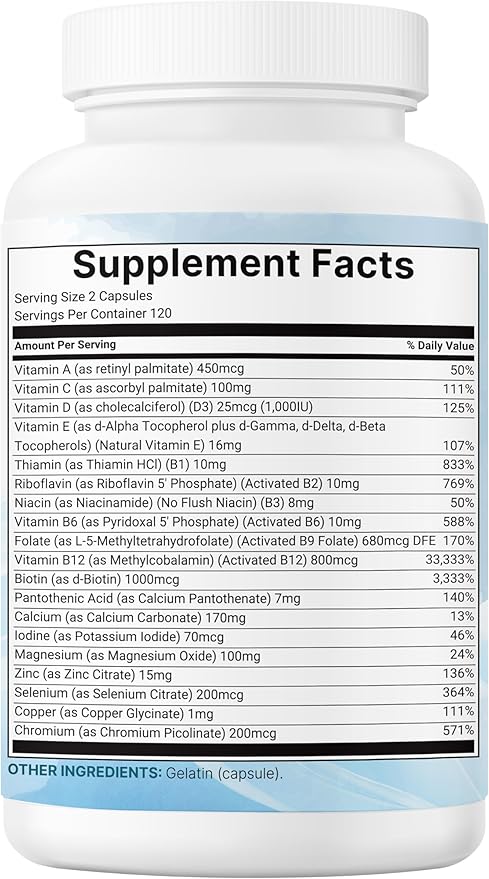 Micro Ingredients Pure Methylated Multivitamin, 240 Capsules | 19-in-1 Formula with Vitamins C, D, B12, Folate, Magnesium, Zinc & More | Filler Free, Non-GMO