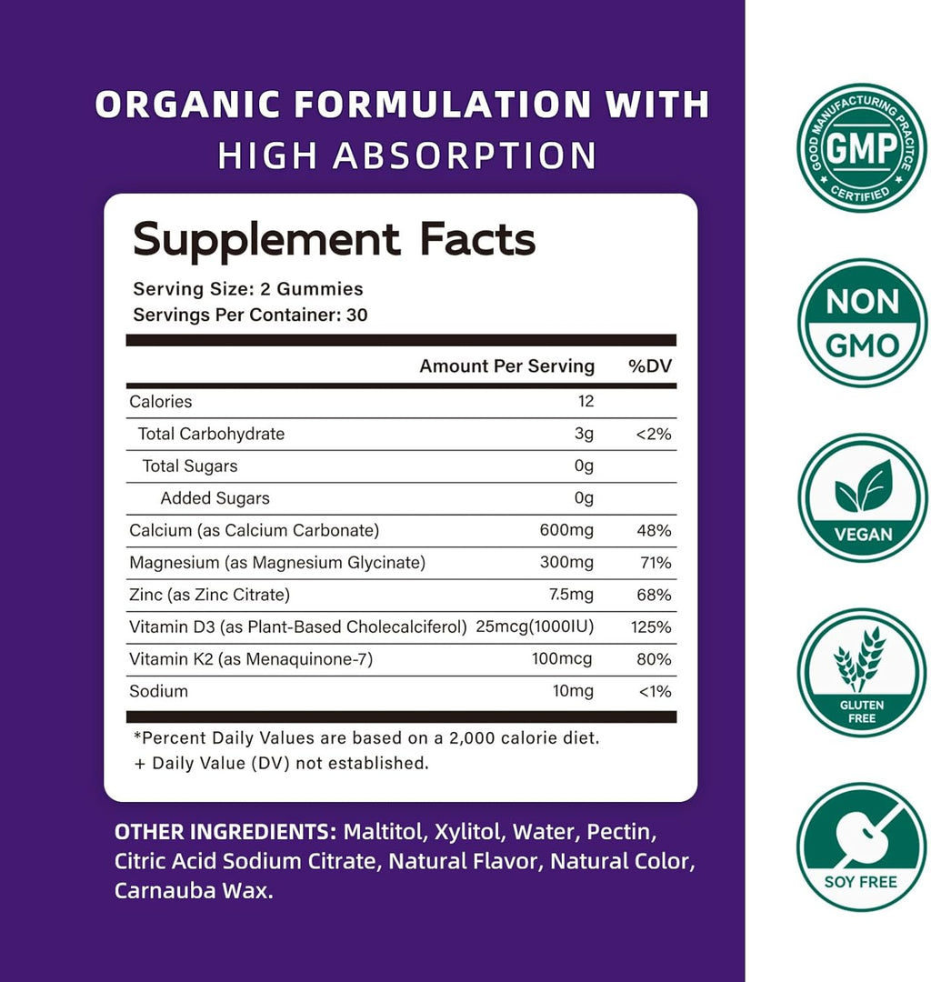 Calcium Magnesium Zinc Gummies with Vitamin D3 & K2 - High Potency Enhanced Absorption -120 Blueberry Gummies Flavored