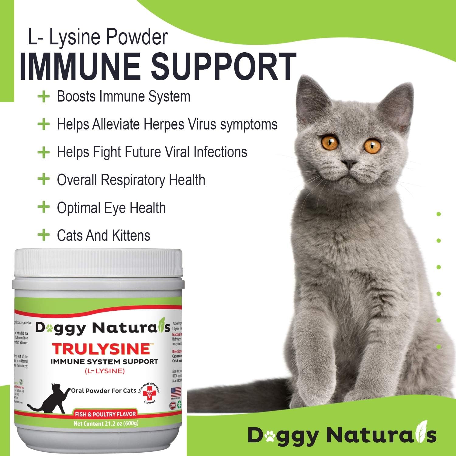 Trulysine L-Lysine for Cats Immune Support Oral Powder 21.2oz/600g - Cats & Kittens of All Age, Sneezing, Runny Nose Squinting, Watery Eyes-Fish & Poultry Flavor (U.S.A)(600 Grams (500mg / Scoop))