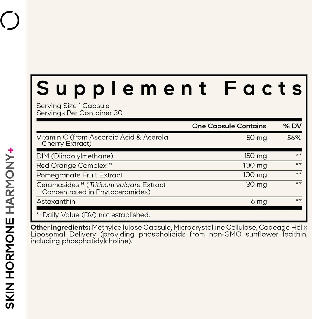 Codeage Skin Hormone Harmony+ Supplement – Skin Hair Support with Ceramosides, Red Orange Complex, Diindolylmethane, Astaxanthin, Vitamin C Ascorbic Acid, Liposomal Delivery – Non-GMO – 30 Capsules