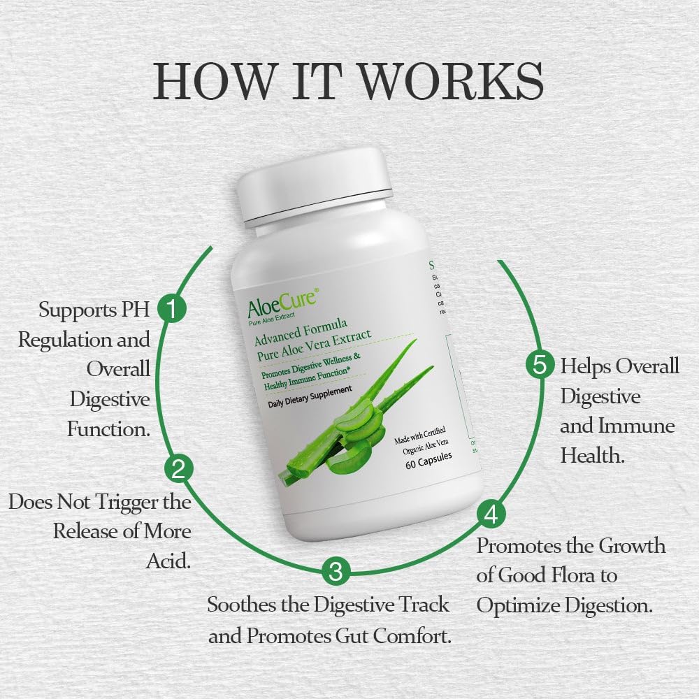AloeCure Organic Aloe Vera Capsules, 160,000mg Inner Aloe Leaf Equivalent per Serving, Support Gut, Digestive, & Immune Health, Helps Maintain Balanced Stomach Acidity, Aloin Free, 60Caps x 3Btl