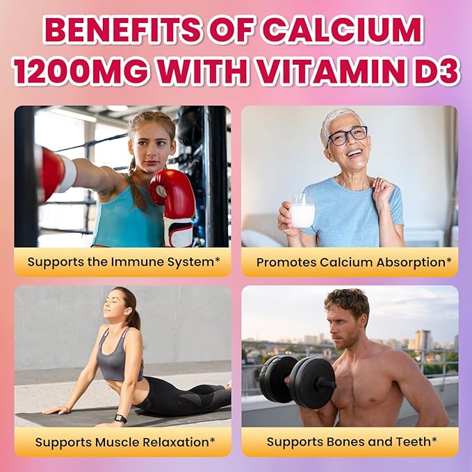 Calcium Citrate Gummies - 1200mg Calcium Gummies Supplements for Women & Men with Vitamin D3, K2, Magnesium, Zinc High Absorption for Bone, Muscle & Immune Support, Fruit Flavor, 60 Count