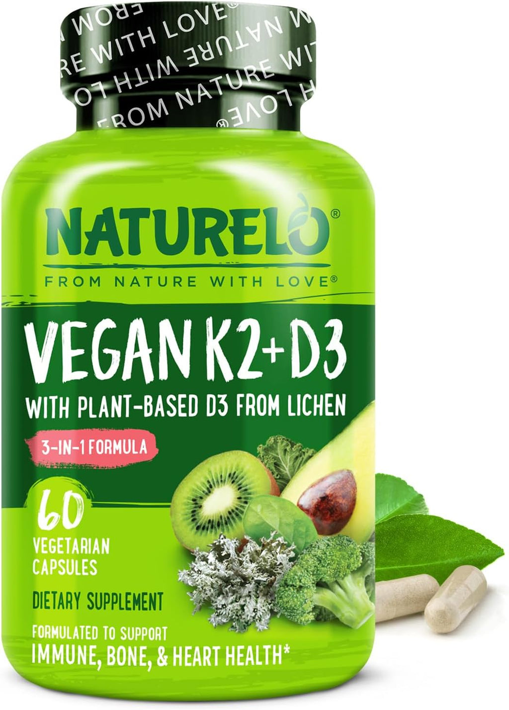 NATURELO Vitamin D3 K2 - Vegan K2+D3 with Plant Based D3 from Lichen - Natural D3 Supplement for Immune System, Bone Support, Heart Health - Whole Food - Non-GMO - Gluten Free, 60 Capsules
