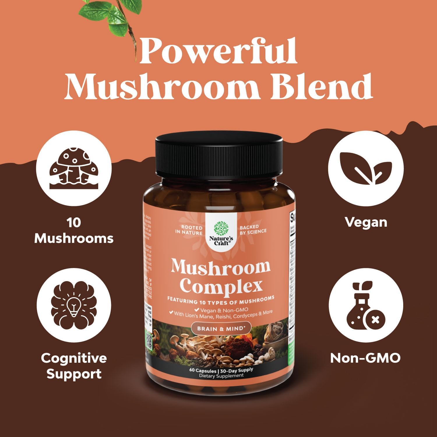 Advanced Mushroom Complex Capsules - 10X Lions Mane Supplement Capsules with Reishi, Chaga, Maitake & Shiitake for Brain Health, Memory Support & Focus - Nootropic for Mental Clarity - 60 Caps
