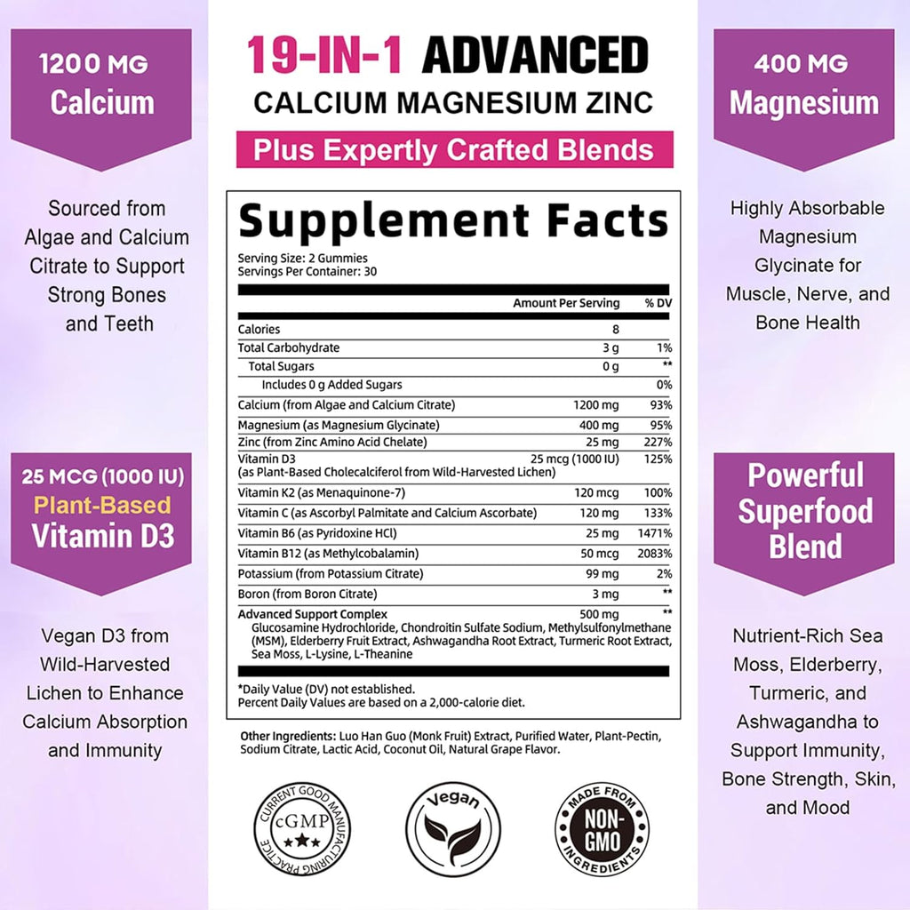 Sugar Free Calcium Magnesium Zinc Gummies for Women Men, 19-in-1 Ultimate Absorption Calcium 1200 mg with Vitamin D3 K2 w/Boron, B6, Ashwagandha, for Bone, Teeth, Immune, Joint, Calm, Vegan