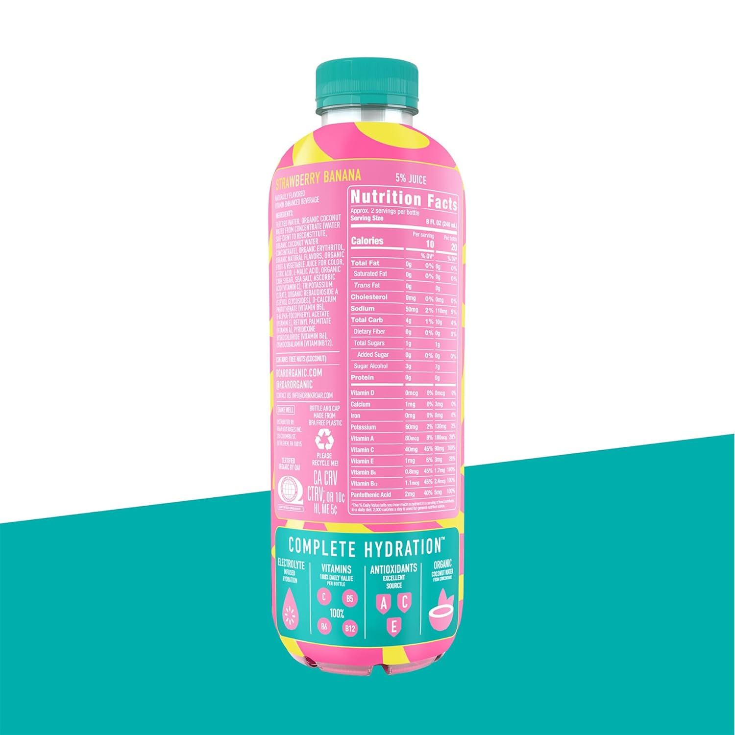 Roar Complete Hydration Organic - Electrolyte Drinks Loaded with Vitamins C, B5, B12 - Non-GMO, Gluten-Free - Strawberry Banana - 12 pc