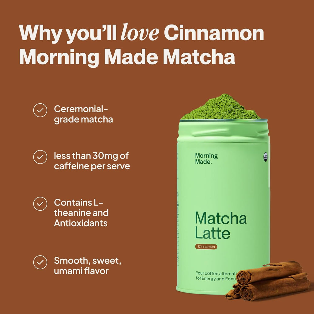 Morning Made Cinnamon Flavored Matcha Powder | 8.46oz (240g) Resealable Tin | 60 Servings Premium Japanese Green Tea | Sweetened with Organic Sugar | Perfect for Lattes, Smoothies, and Baking | Rich in Antioxidants and Energy Boosting
