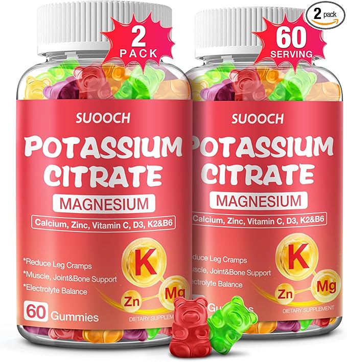 2 Pack Potassium Citrate Gummies 120 Count, 1200mg Potassium Supplement, Potassium Gummies for Women & Men, Chewable Potassium Magnesium Zinc Supplement, Support Leg Cramps & Muscle Health