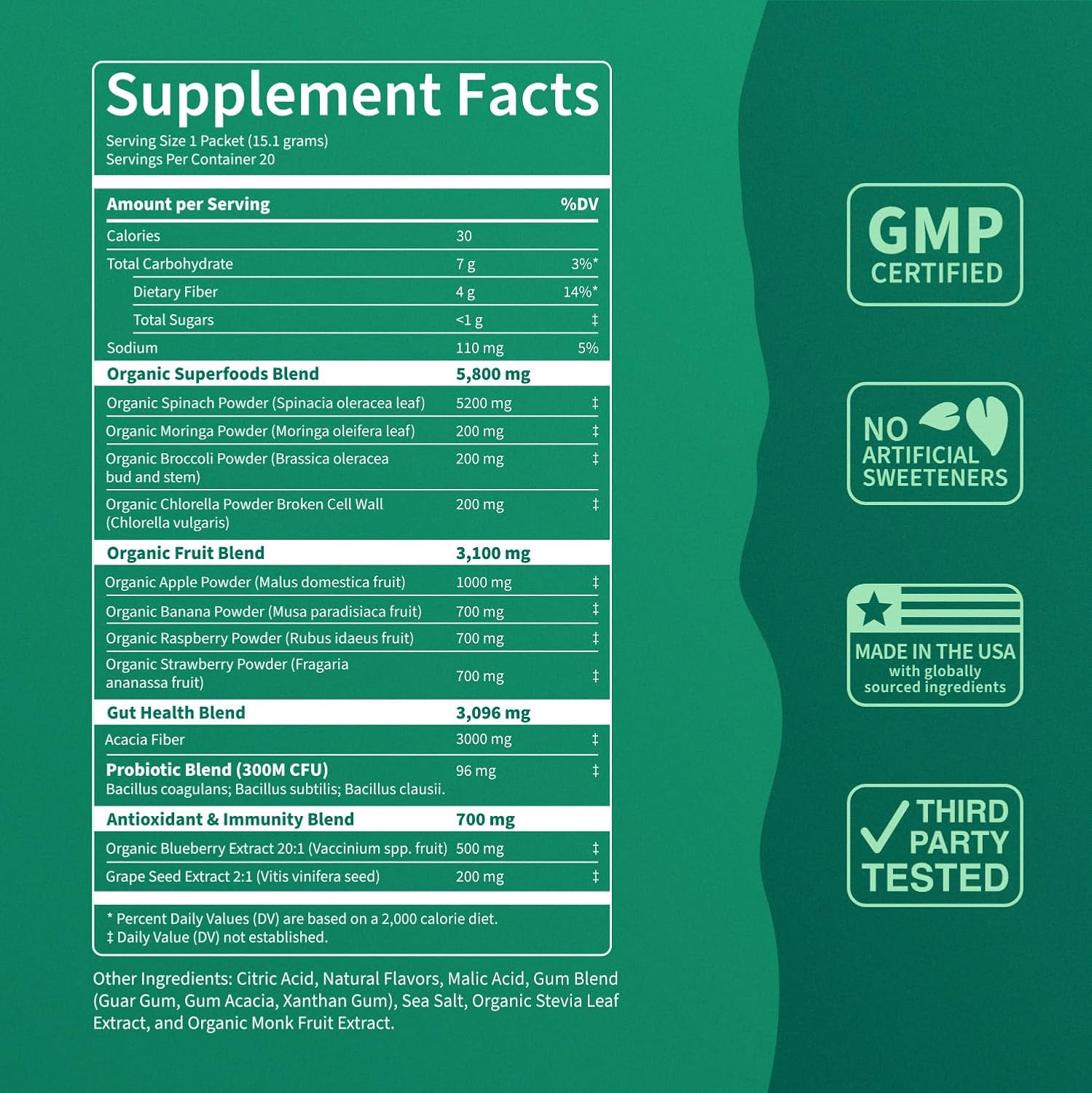 Supergreens Premium Superfood Greens Drink Mix w/Chlorella, Moringa, Spinach & Broccoli + Digestive Enzymes & Probiotic Blend -Nutrient-Packed Powder (Sour Watermelon 20 SRV, Travel Pack)