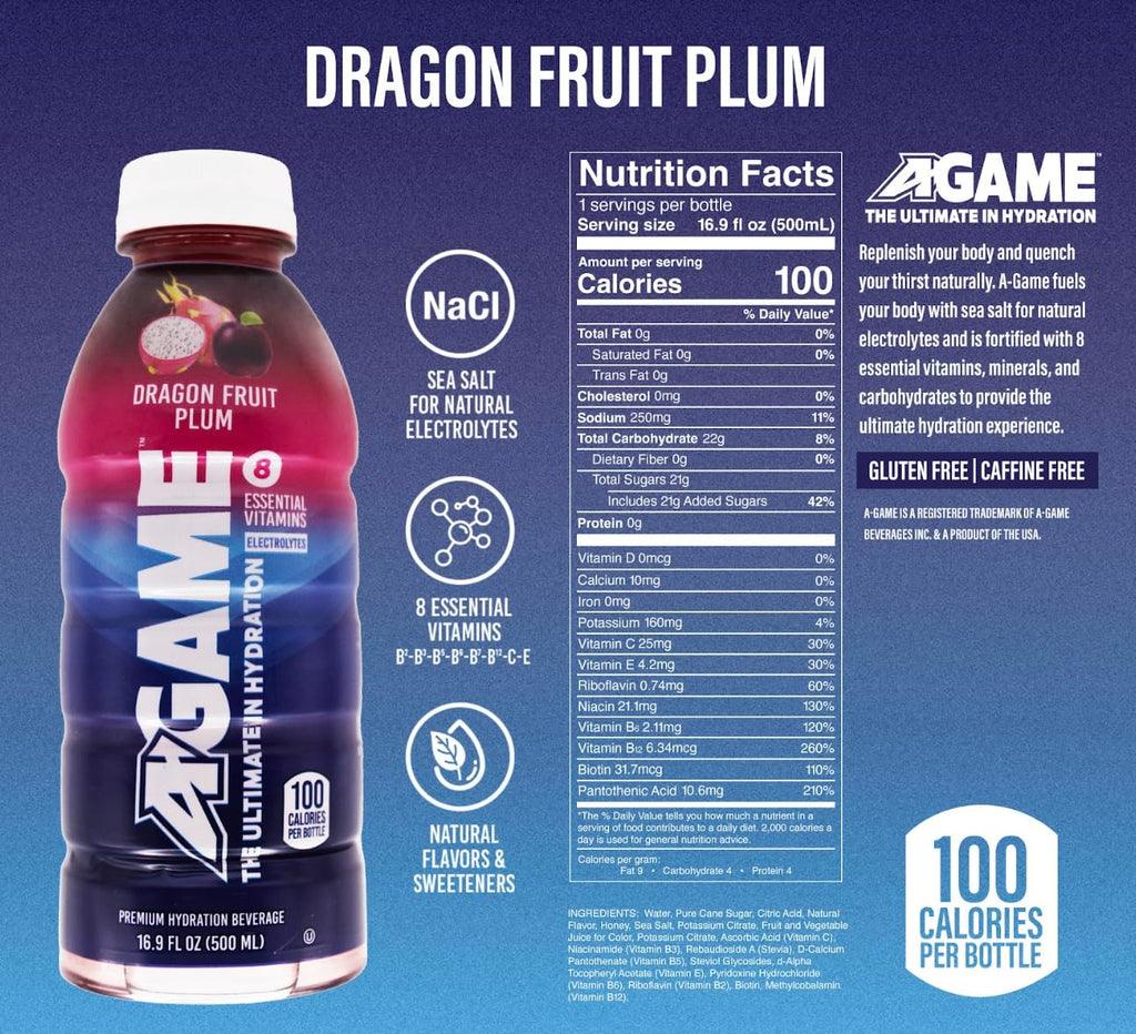 A-GAME Sports Drink, Dragon Fruit Plum, The Ultimate Hydration Sports Beverage for Athletes, 8 Essential Vitamins including B, C, & E plus Natural Sea Salt Electrolytes, All Natural Flavors & Sweeteners, Gluten Free, 16.9 Fl Oz (Pack of 12)