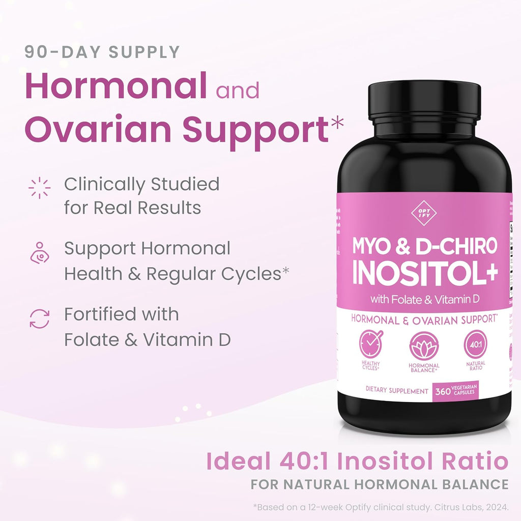 Optify Inositol Supplement for Women – 90-Day Supply – Myo-Inositol and D-Chiro Inositol with Folate and Vitamin D – 40:1 Ratio – Hormone Balance & Ovarian Support - 360 Capsules