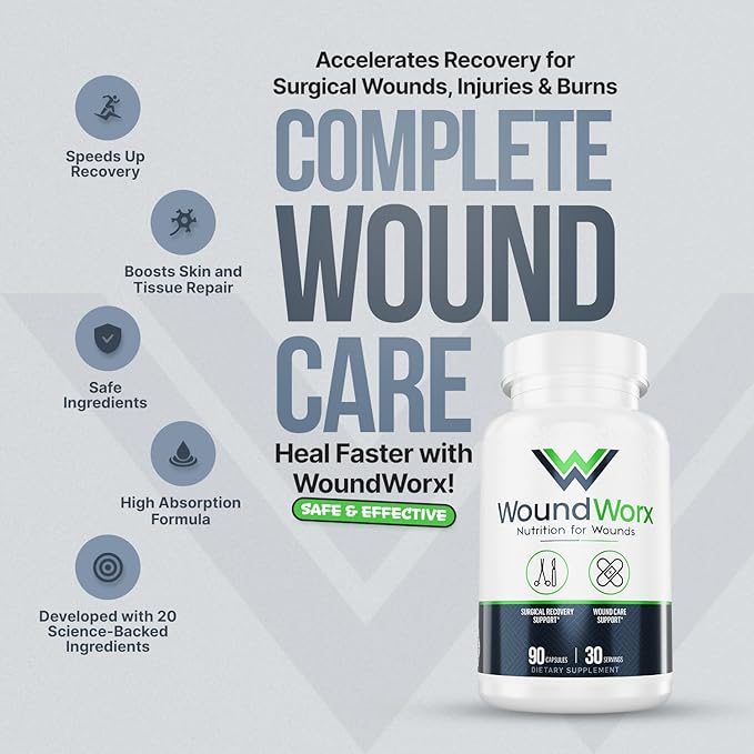 Free Life Labs WoundWorx Nutrition-Scar and Surgery Support, Wound Care, General and Plastic Surgery, Faster Healing w/Vitamins, Amino Acids, Collagen, Probiotics, Turmeric, Bromelain-90 caps