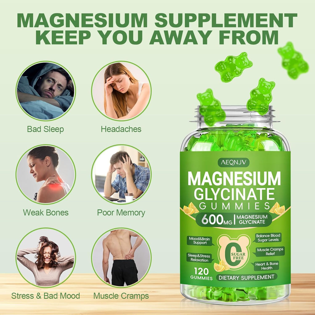 Magnesium Glycinate Gummies 600mg, Chewable Magnesium Supplements for Adults, Men and Women, Vitamin D, B6 and CoQ10, Potassium Magnesium Gummy for Sleep, Relaxation, Brain & Muscle, 120 Gummies