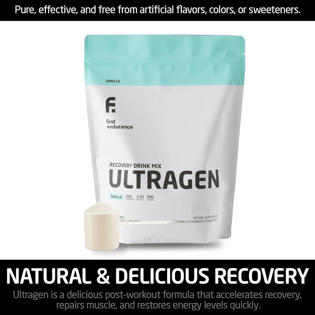 FIRST ENDURANCE Ultragen Workout Recovery Drink Powder, Protein Mix, Boosts Energy, Accelerates Recovery | Vanilla, 15 Servings