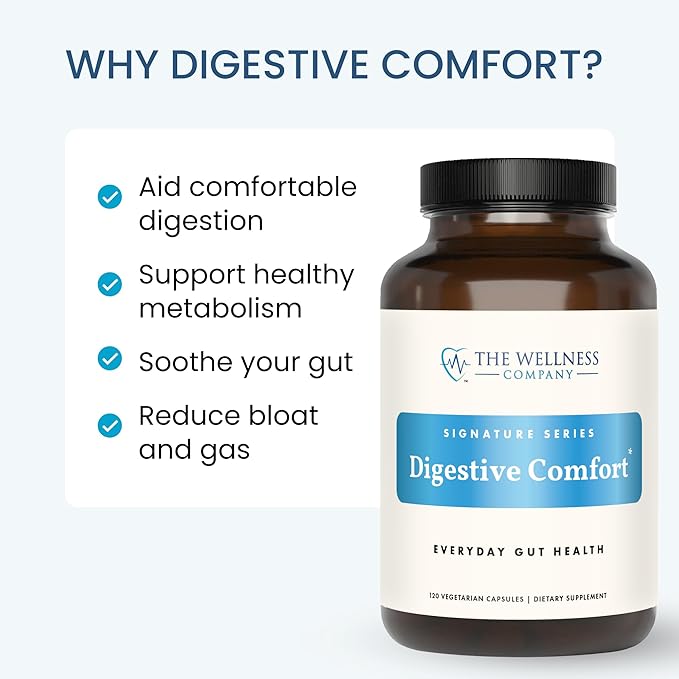 The Wellness Company Digestive Comfort - Bloat & Gas Relief, Anti-Heart Burn, IBS, Fast Acting, Gut Health - 5 Enzymes, Peppermint & Ginger Root | 60ct (1 Month Supply)