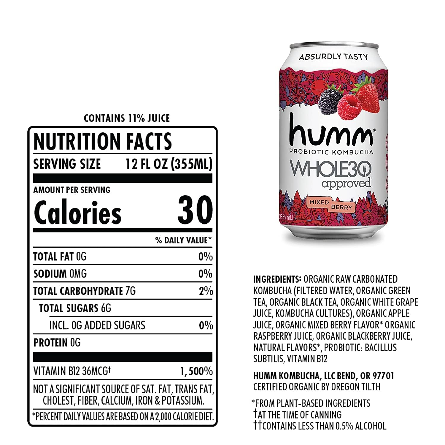 Humm Whole30 Approved Kombucha, Mixed Berry, Organic, Vegan & GMO Free (12 Pack)