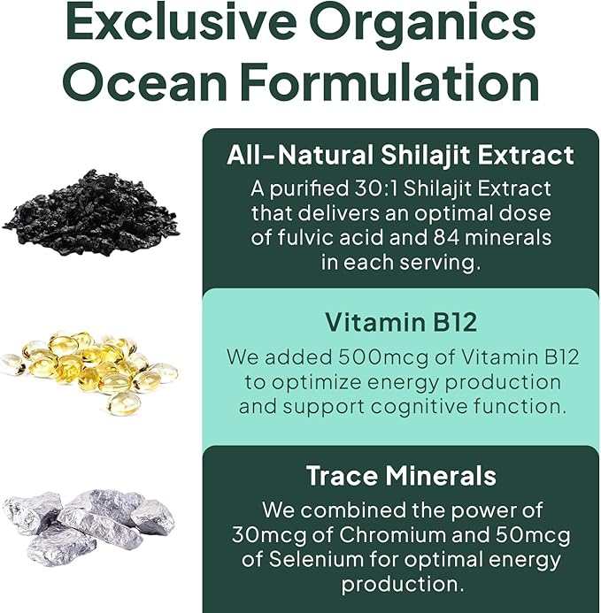 Organics Ocean Shilajit for Men and Women - Natural Supplement with Vitamin B12, Chromium and Selenium for Age-Defying, Energy, Hormone Support and More - 60 Shilajit Gummies