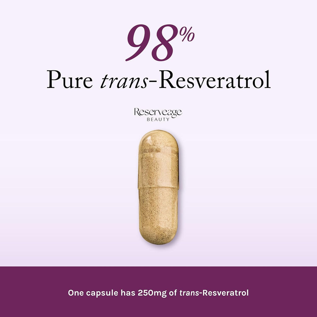 Reserveage Beauty Resveratrol 250 mg - Best Trans-Resveratrol - Vegan Antioxidant Supplement for Cellular & Heart Health - Aids Healthy Aging & Immune Health - 60 Vegetable Capsules