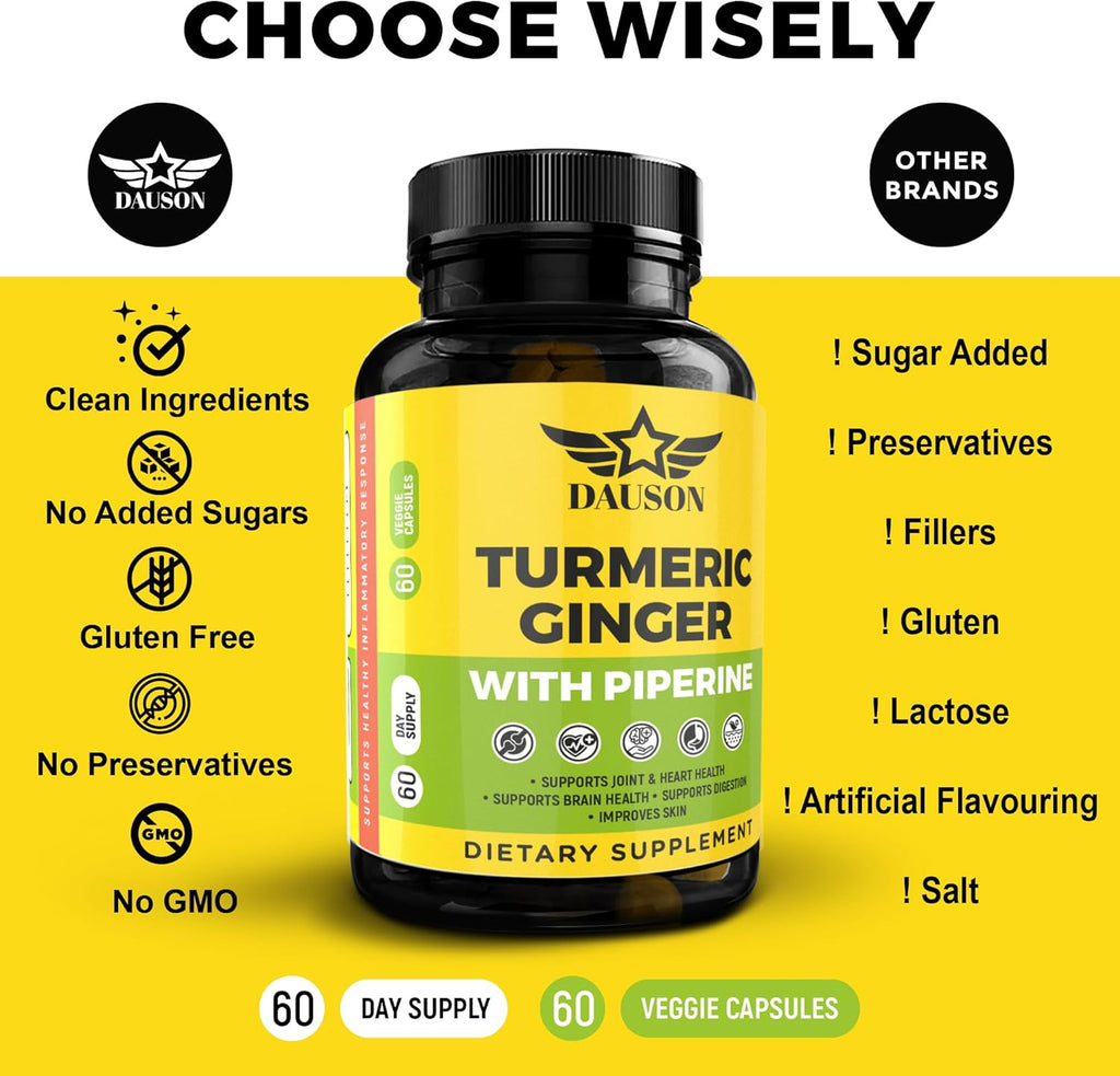 Turmeric Ginger Piperine Capsules – Curcumin 95% with Black Pepper, Vitamin C, D3 & Zinc – Gut, Joint & Immune Support – Vegan Supplement – 60 Capsules