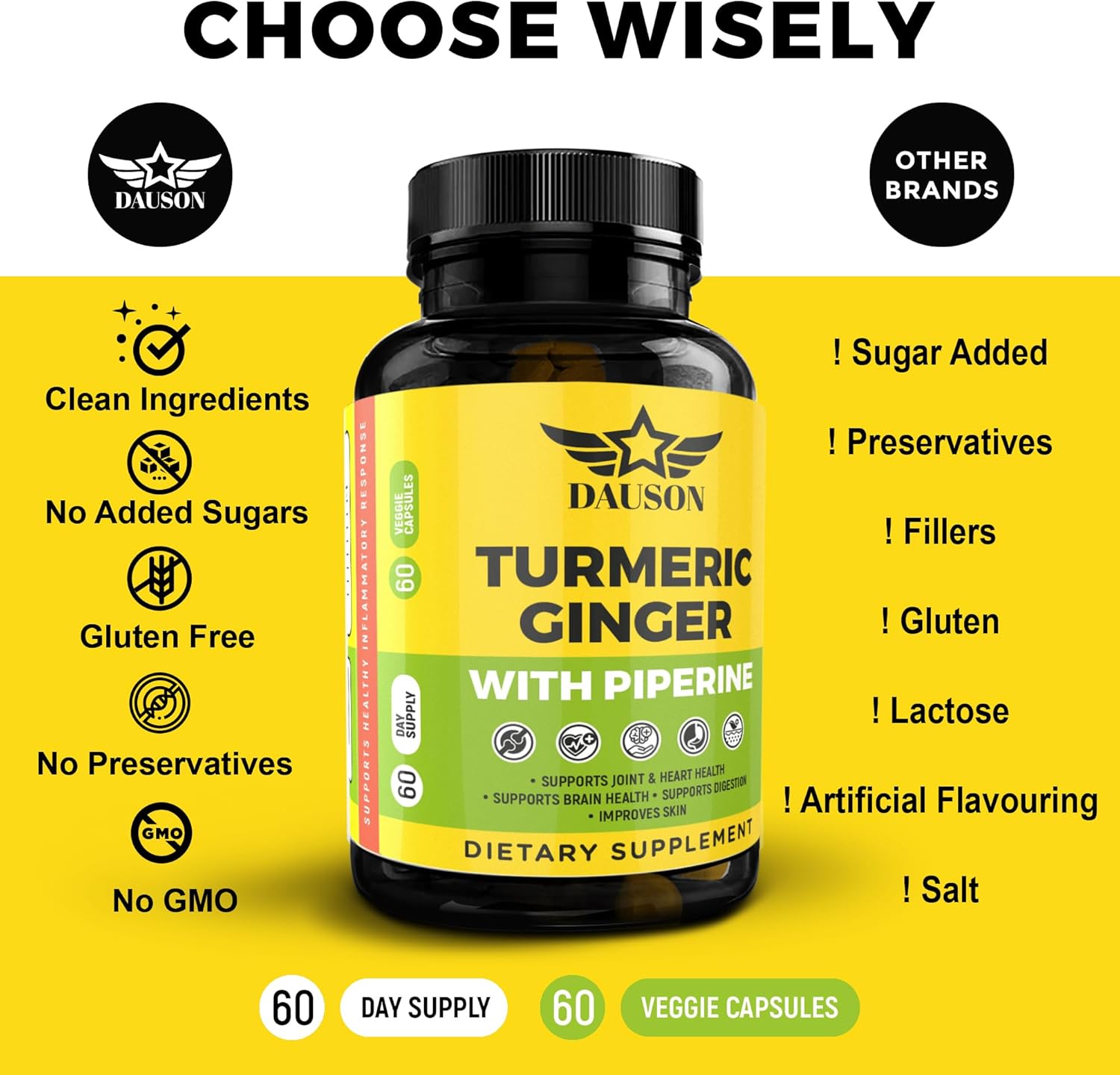 Turmeric Ginger Piperine Capsules – Curcumin 95% with Black Pepper, Vitamin C, D3 & Zinc – Gut, Joint & Immune Support – Vegan Supplement – 60 Capsules