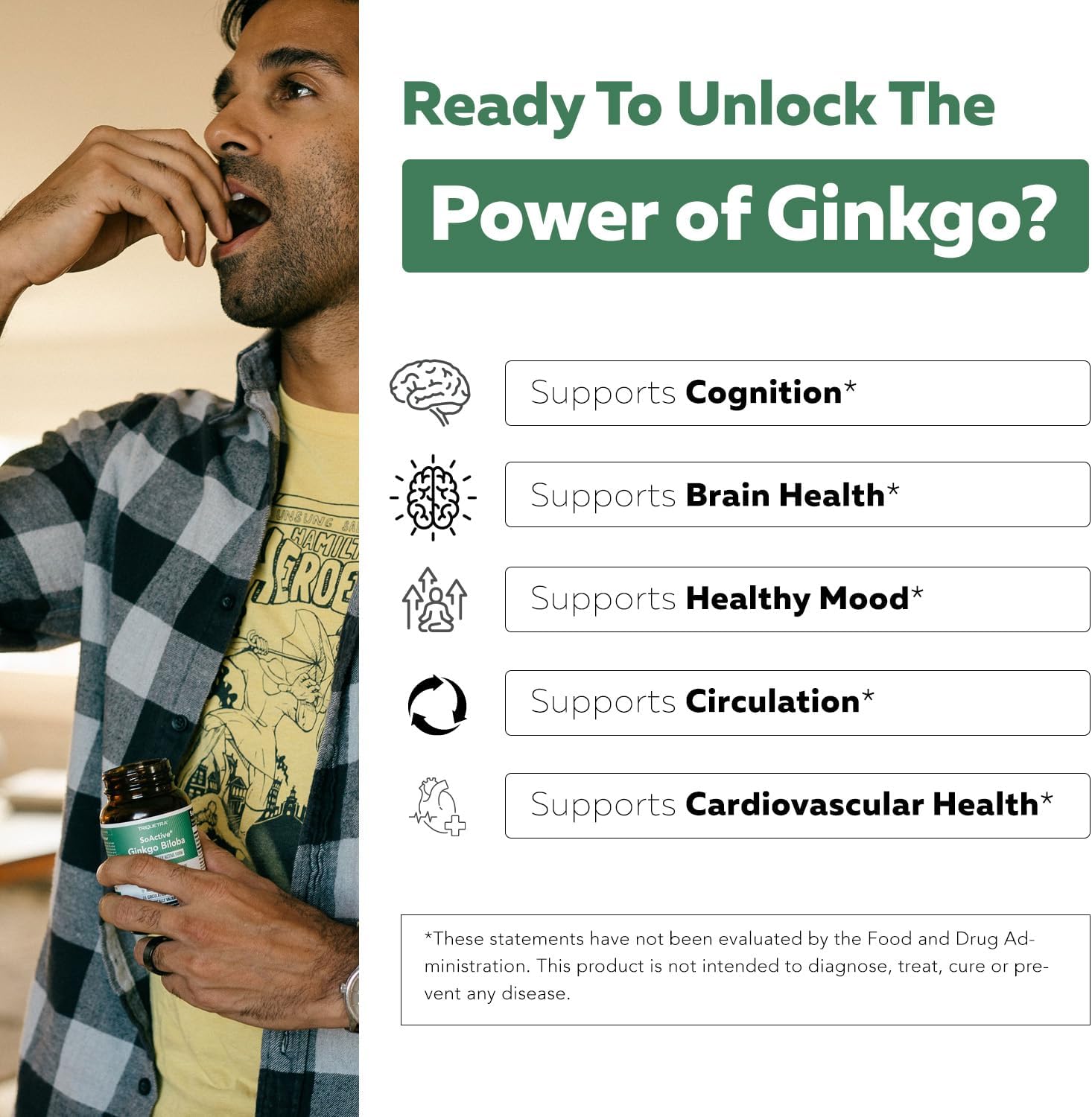 SoActive Ginkgo Biloba with GinkgoSelect® Phytosome | Clinically Studied Enhanced Absorption for Brain, Heart & Memory Support – 180 mg – Helps Maintain Circulation & Cognitive Health (60 Capsules)