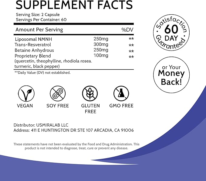 High-Purity NMN Supplement Alternative for Women： Liposomal NMNH + Trans-Resveratrol + TMG | Boosts NAD+ Levels, Cellular Regeneration & Radiant Skin - 60-Day Anti-Aging Formula