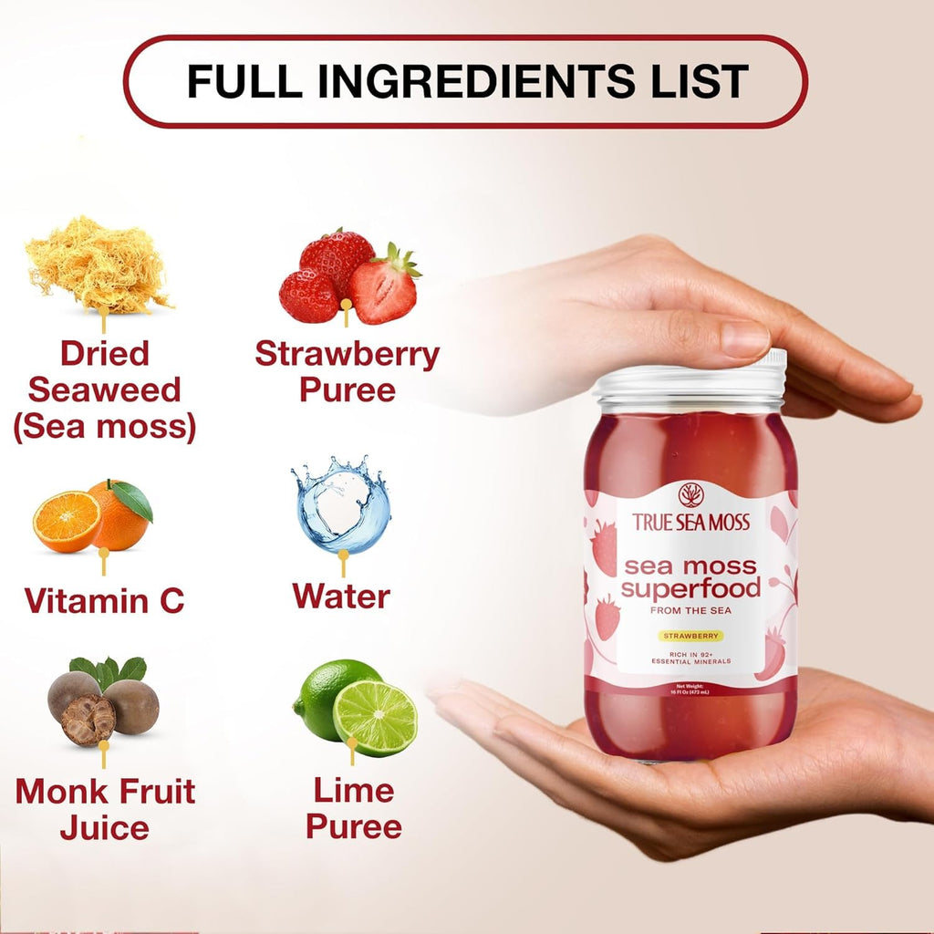 TrueSeaMoss Wildcrafted Irish Sea Moss SuperFood - Made with Premium Sea Vegetables - Vegan-Friendly, Supports Digestive Health - Made in USA (Strawberry, Pack of 1)
