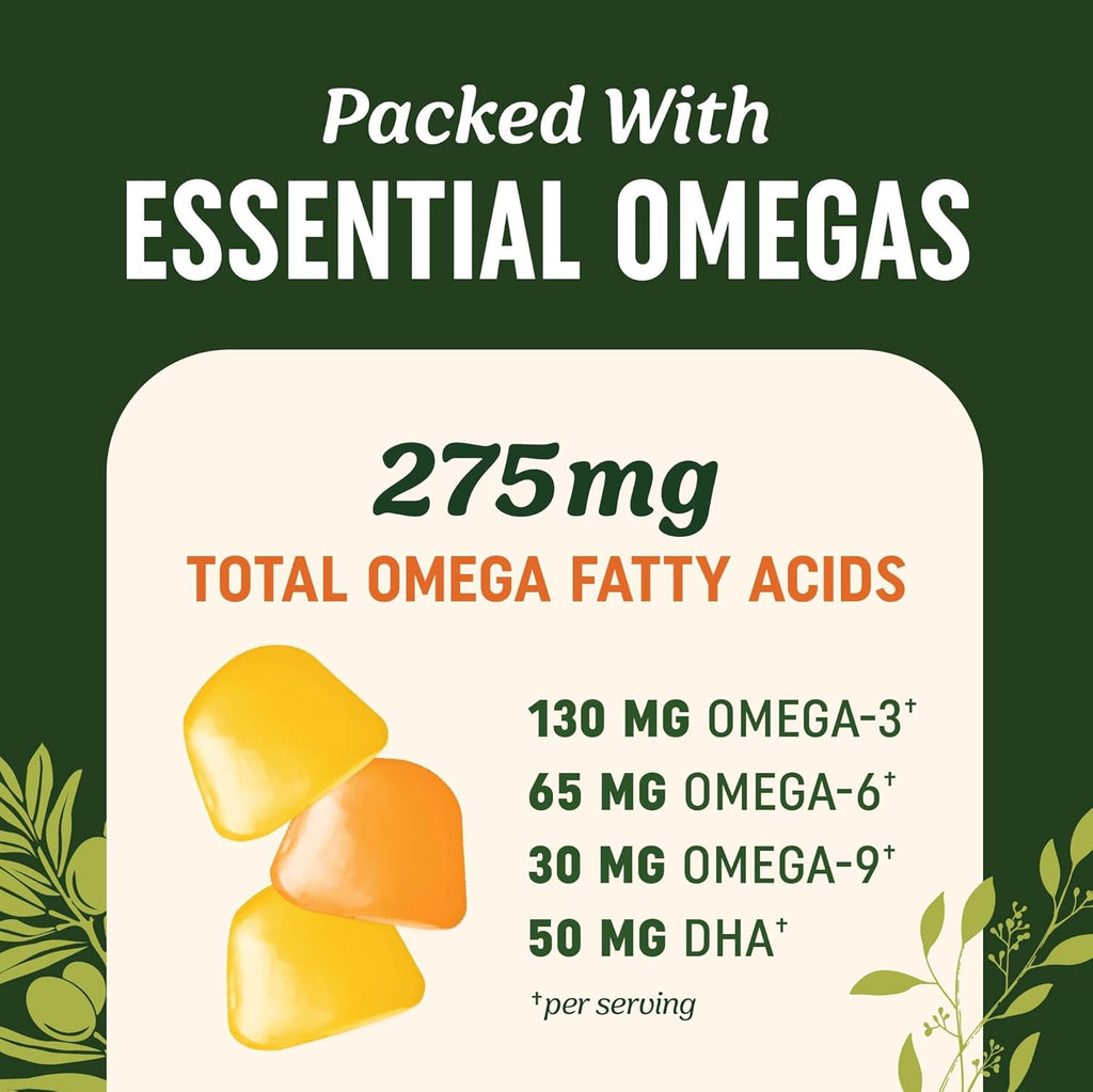 Omega 3 6 9 + DHA Gummies | Plant-Based Triple Omegas from Algae & Chia Seed Oil | with 50mg of DHA | Vegetarian, Non-GMO, Gluten-Free, Essential Fatty Acid Supplements for Adults | 60 Gummies