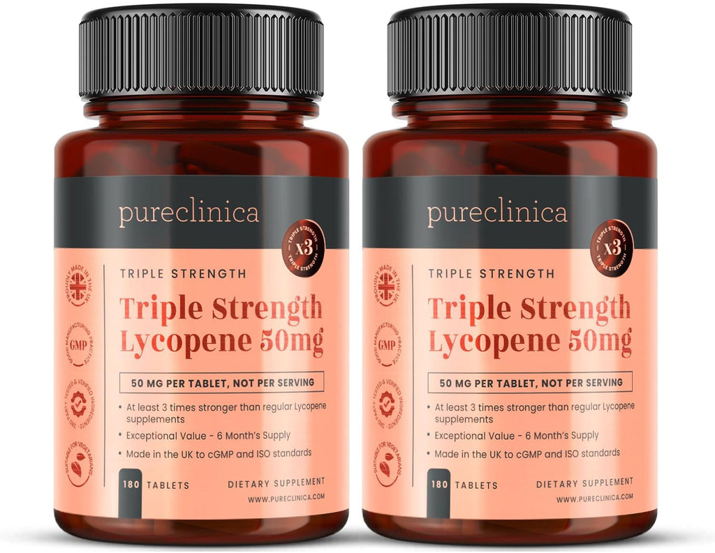 pureclinica 50mg Lycopene x 360 Tablets (2 Bottles of 180 Tablets Each - 12 Months Supply). Triple Strength Lycopene are 3 x Strength of Regular Tablets.