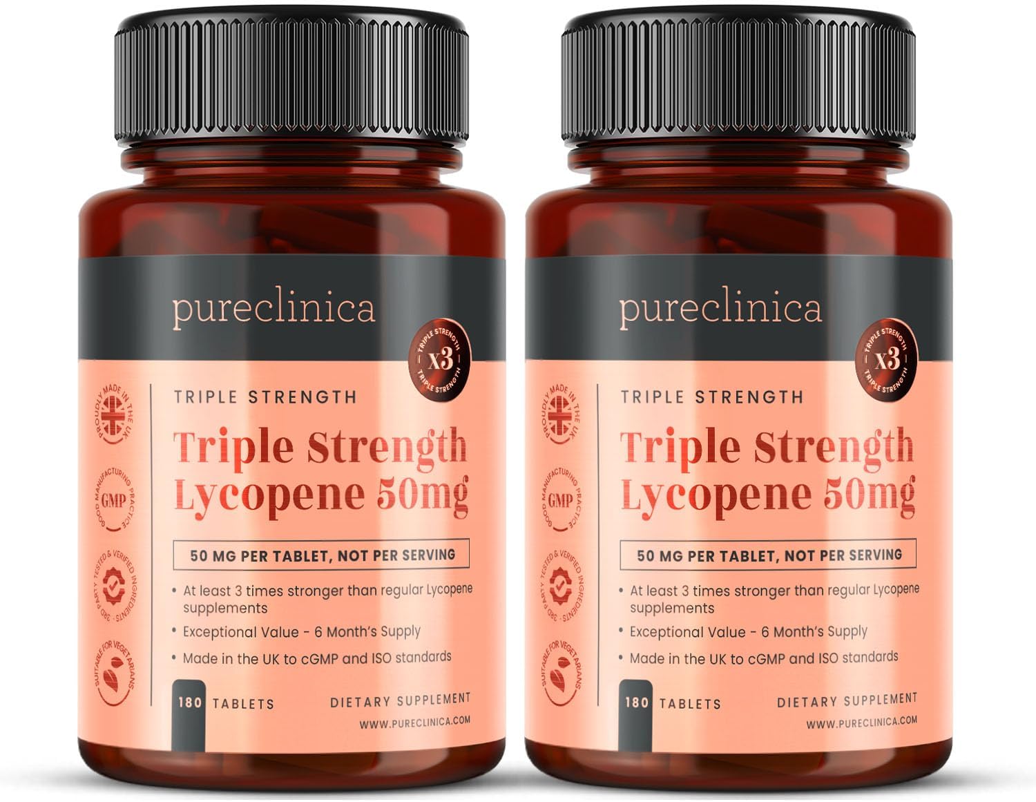 pureclinica 50mg Lycopene x 360 Tablets (2 Bottles of 180 Tablets Each - 12 Months Supply). Triple Strength Lycopene are 3 x Strength of Regular Tablets.