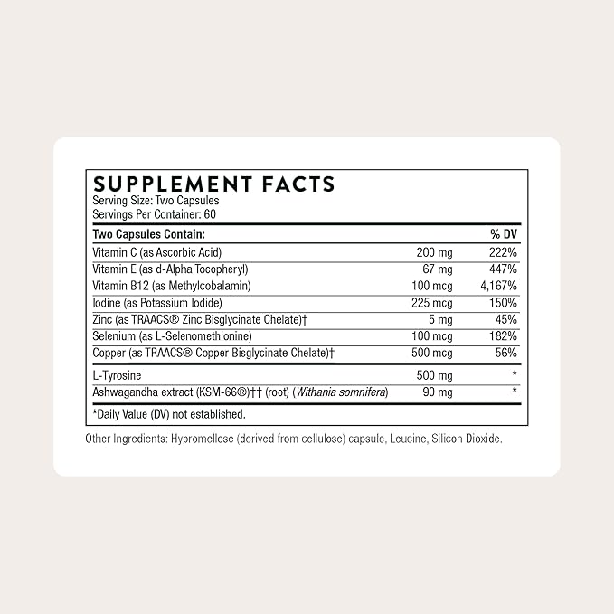 THORNE - Thyroid Health Complex (Formerly Thyrocsin) - Thyroid Cofactors for Thyroid Function Support* - Vitamins B12, C & E, Ashwagandha, Iodine, Zinc, Selenium, Copper & L-Tyrosine - 60 Servings