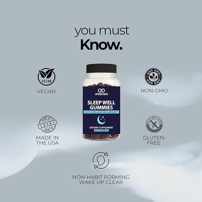Up&Down Supplements Sleep Well Gummies | Deeper Sleep, Relaxation, Rest & Recovery Support | Melatonin, Vitamin B6 & Passionflower | Made in USA | Vegan, Non-GMO, Gluten Free | 60 Sleep Gummies