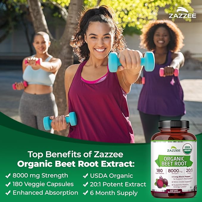Zazzee USDA Organic Beet Root 8000 mg Strength 20:1 Extract, 180 Vegan Quick Release Capsules, Kosher, Supports Nitric Oxide Production, Black Pepper Extract for Enhanced Absorption, Made in The USA